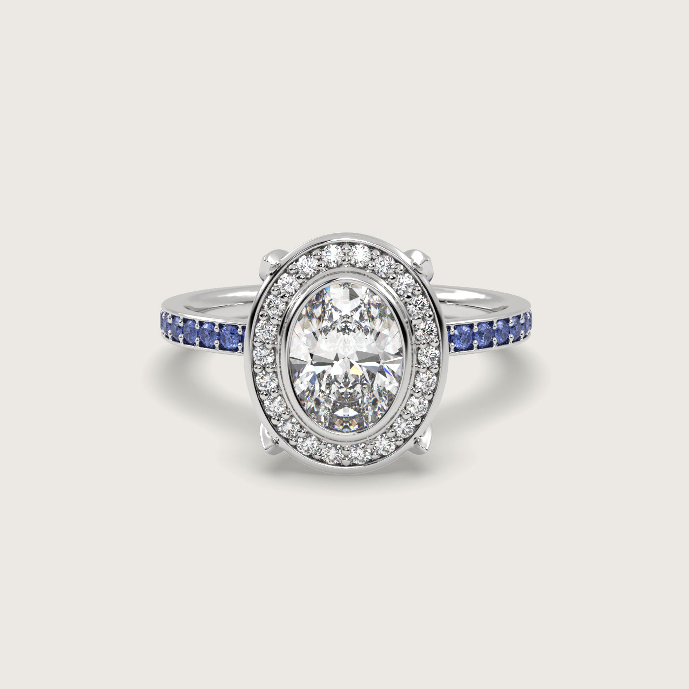 Oval Diamond Halo and Cornflower Blue Sapphire Pavé Engagement Ring in Fleur de Luce Setting
