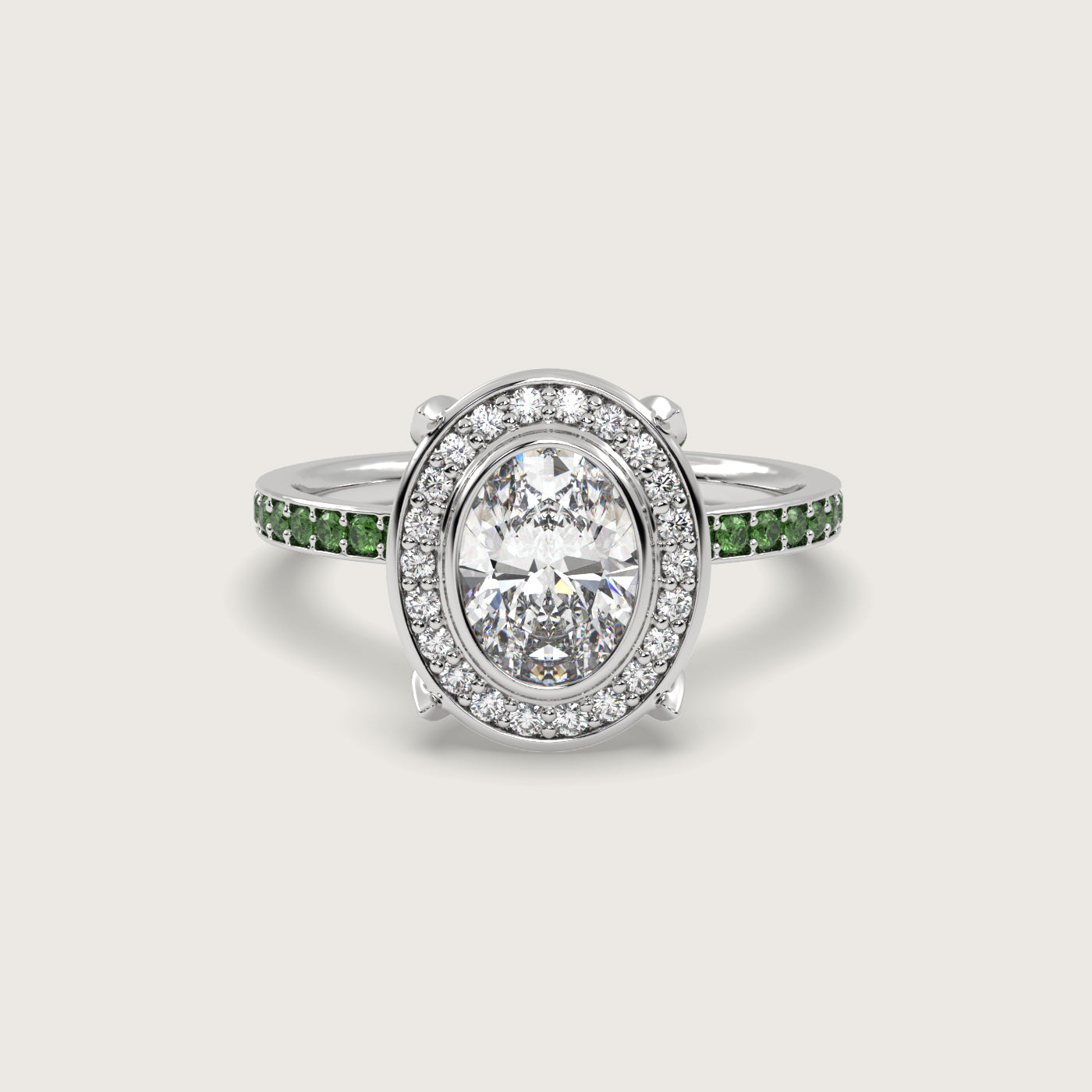 Oval Diamond Halo and Tsavorite Pavé Engagement Ring in Fleur de Luce Setting