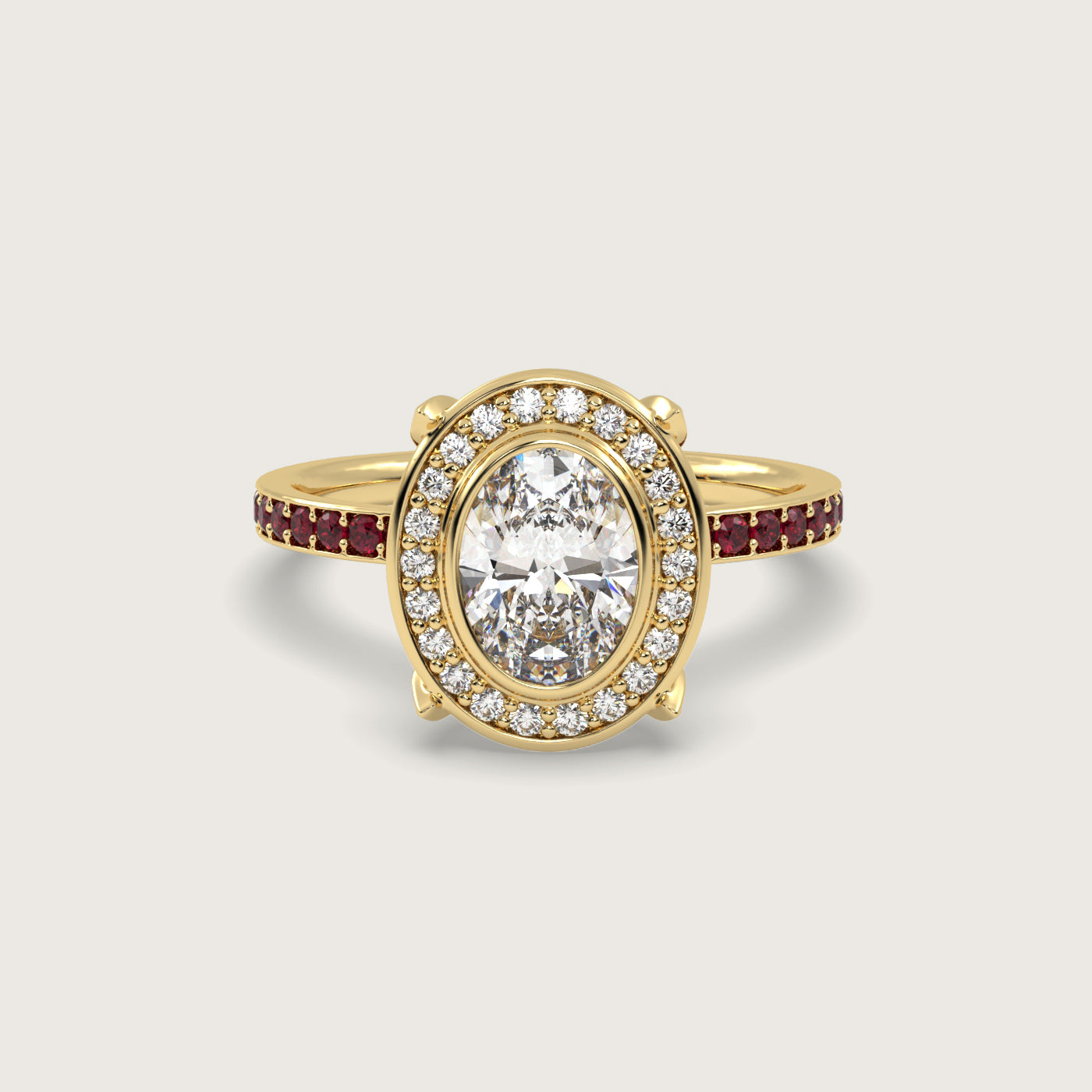 Oval Diamond Halo and Ruby Pavé Engagement Ring in Fleur de Luce Setting