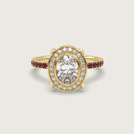 Oval Diamond Halo and Ruby Pavé Engagement Ring in Fleur de Luce Setting