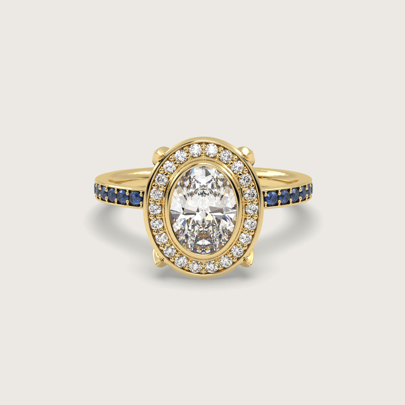 Oval Diamond Halo and Sapphire Pavé Engagement Ring in Fleur de Luce Setting