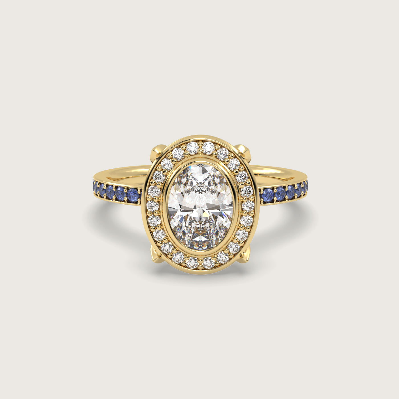 Oval Diamond Halo and Cornflower Blue Sapphire Pavé Engagement Ring in Fleur de Luce Setting