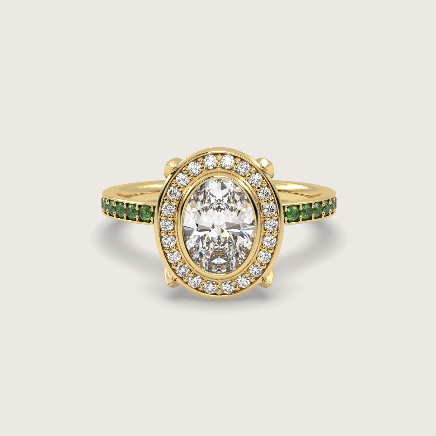 Oval Diamond Halo and Tsavorite Pavé Engagement Ring in Fleur de Luce Setting