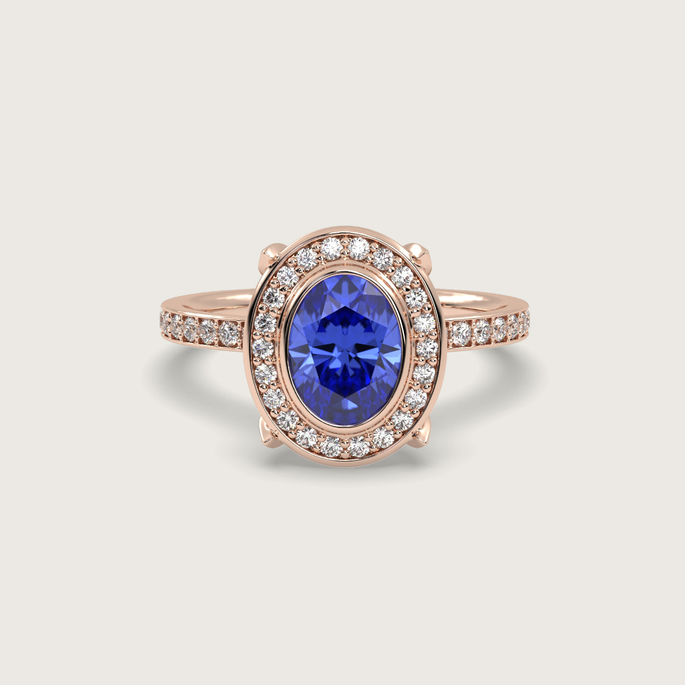 Oval Sapphire Halo Engagement Ring with Pavé Set Band in Fleur de Luce Setting