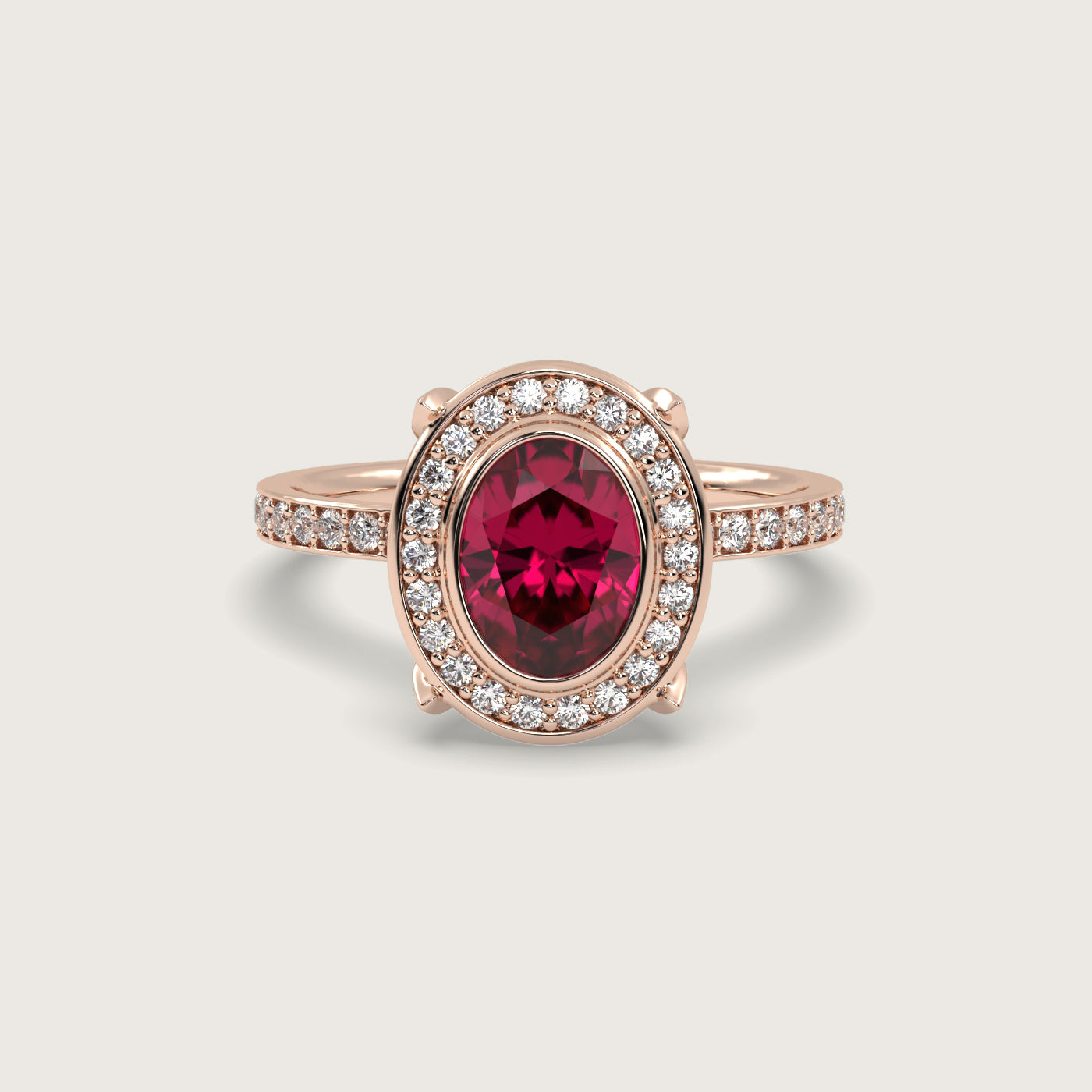Oval Ruby Halo Engagement Ring with Pavé Set Band in Fleur de Luce Setting