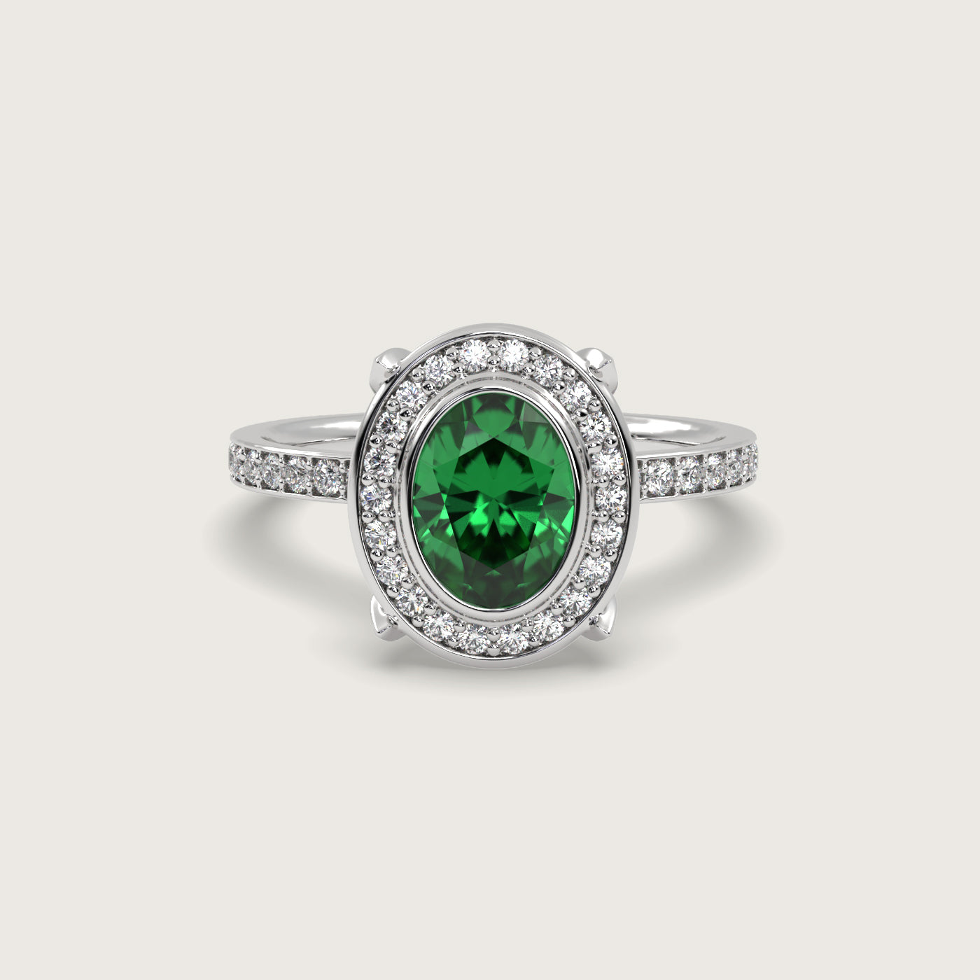 Oval Emerald Halo Engagement Ring with Pavé Set Band in Fleur de Luce Setting