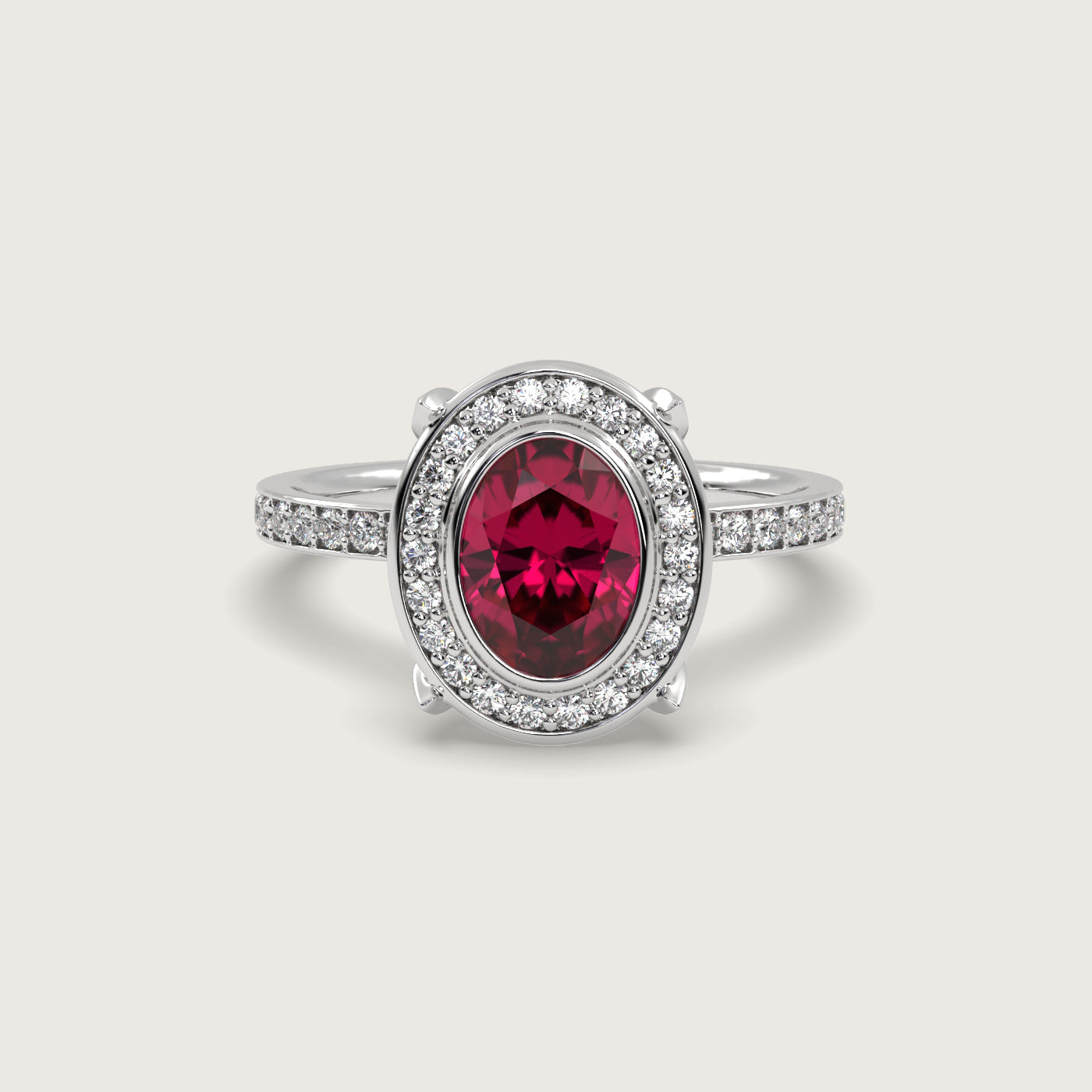 Oval Ruby Halo Engagement Ring with Pavé Set Band in Fleur de Luce Setting