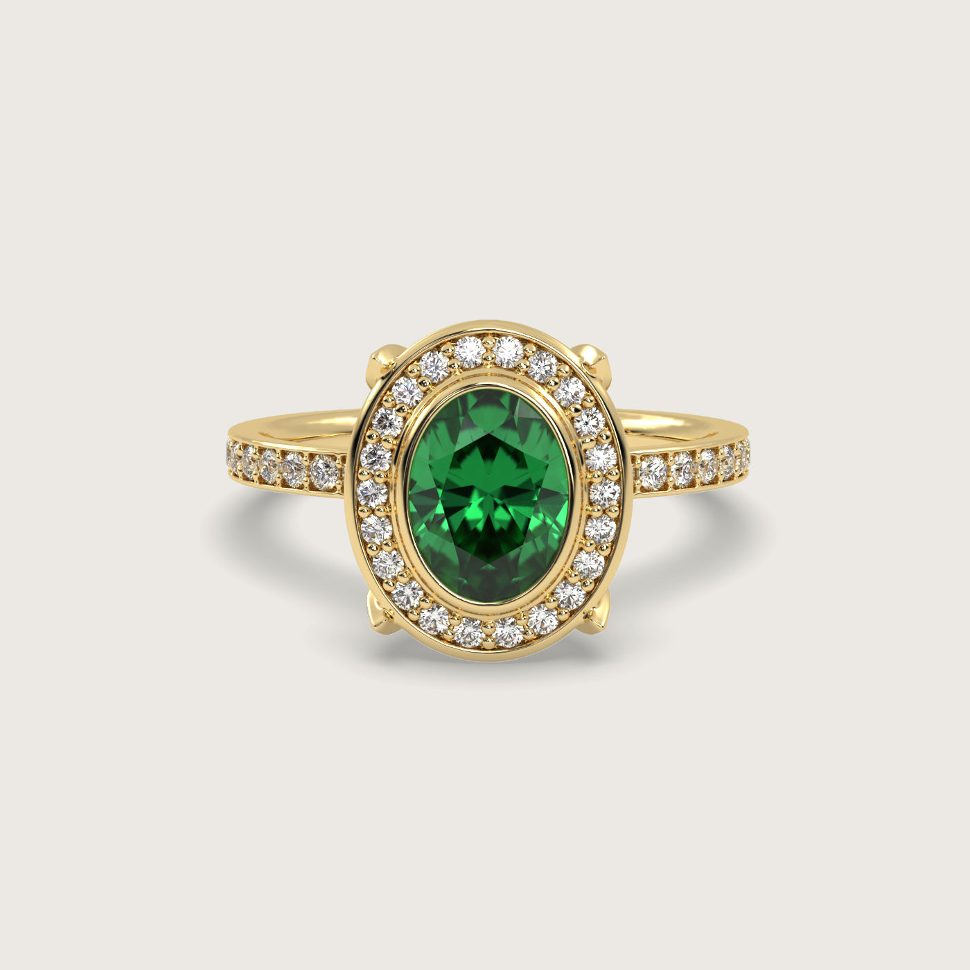 Oval Emerald Halo Engagement Ring with Pavé Set Band in Fleur de Luce Setting