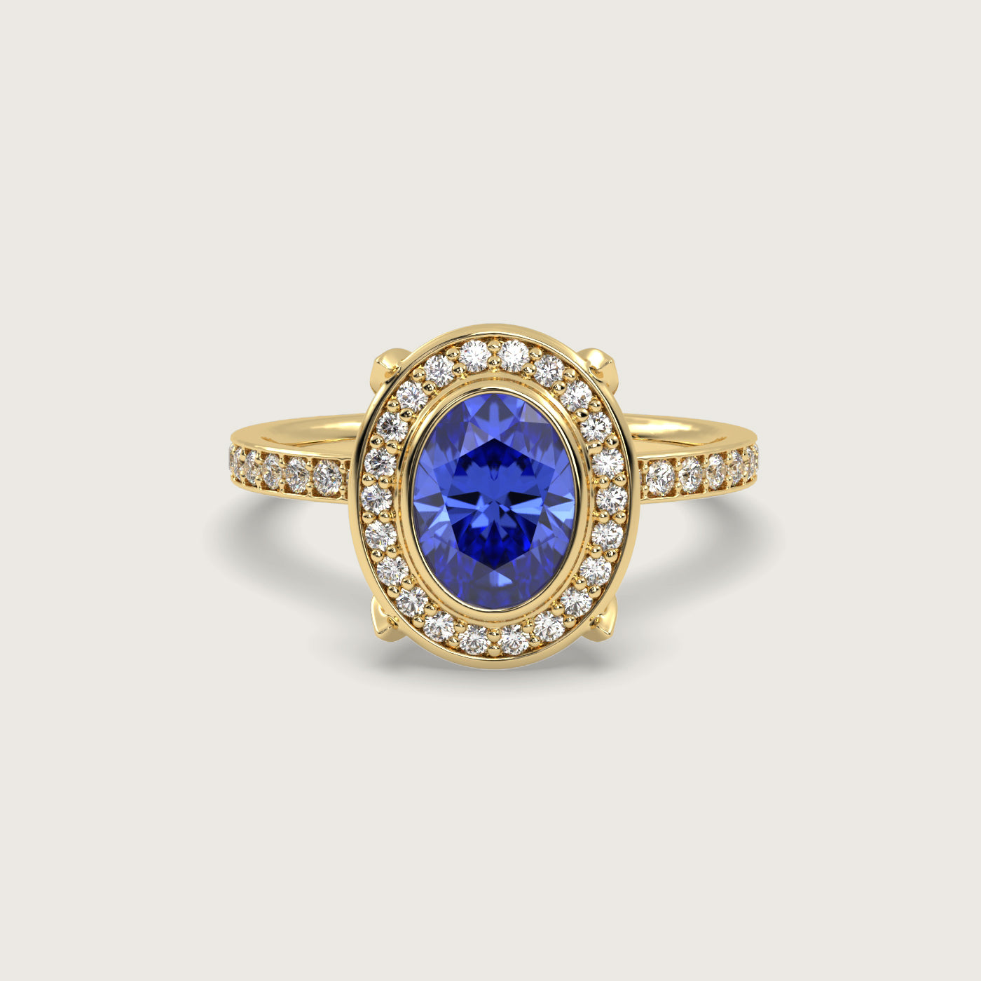 Oval Sapphire Halo Engagement Ring with Pavé Set Band in Fleur de Luce Setting