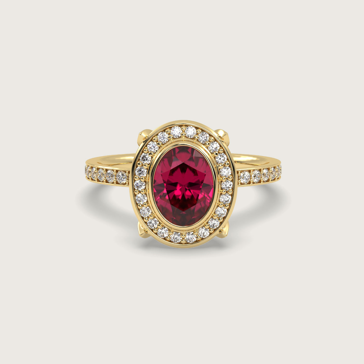 Oval Ruby Halo Engagement Ring with Pavé Set Band in Fleur de Luce Setting