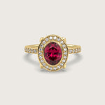 Oval Ruby Halo Engagement Ring with Pavé Set Band in Fleur de Luce Setting