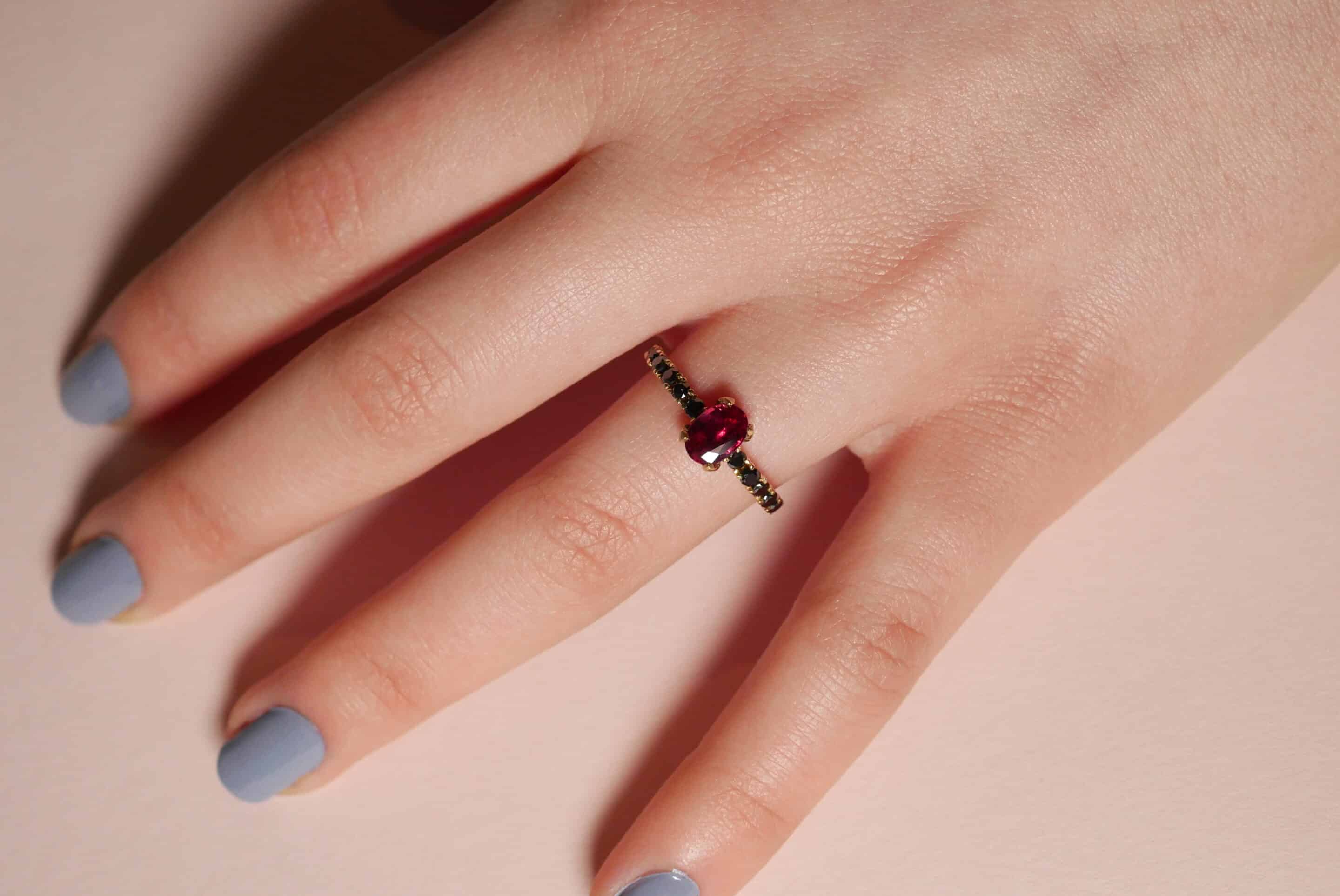 Engagement Ring: Ruby and Black Diamond Ring in 18k Yellow Gold