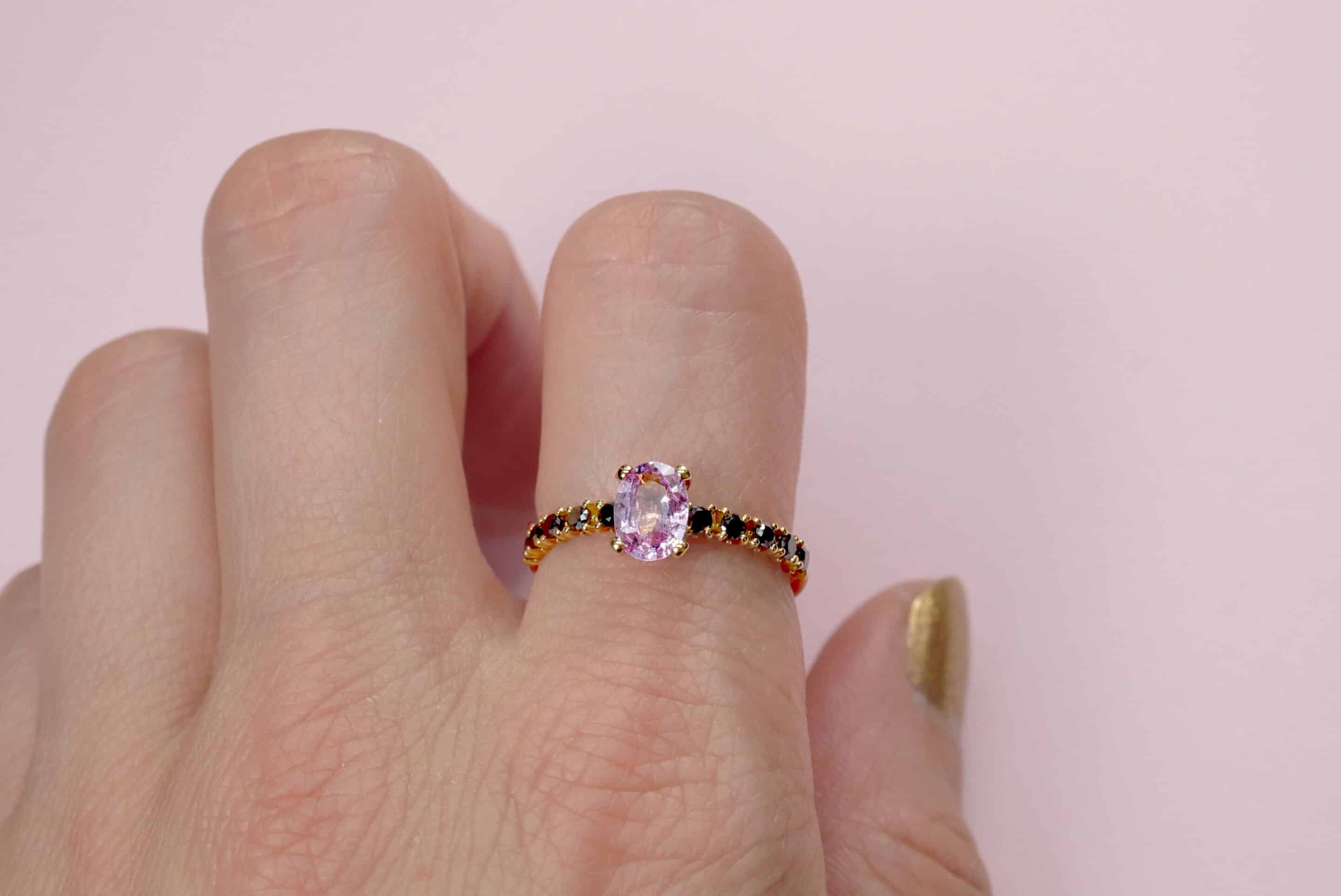 Engagement Ring: Pink Sapphire and Black Diamond Ring in 18k Yellow Gold