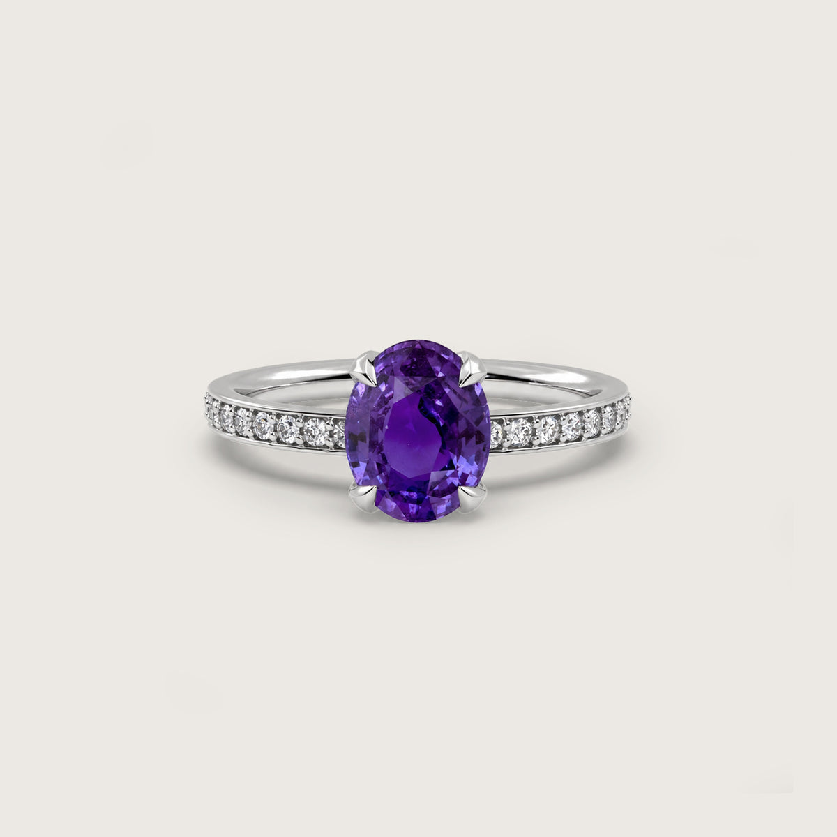 4.51ct Purple Sapphire Fleur de Luce Solitaire Engagement Ring in 18k White Gold