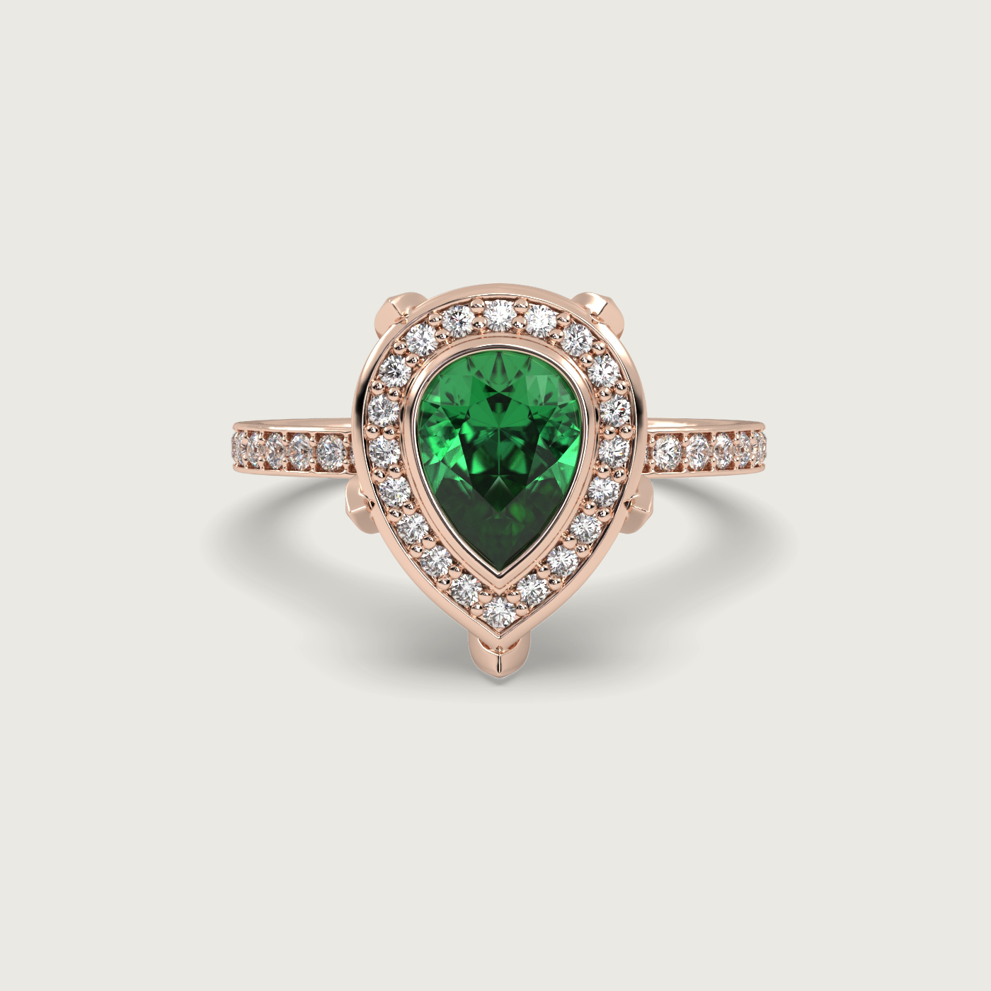 Pear Shape Emerald Halo Engagement Ring with Pavé Set Band in Fleur de Luce Setting