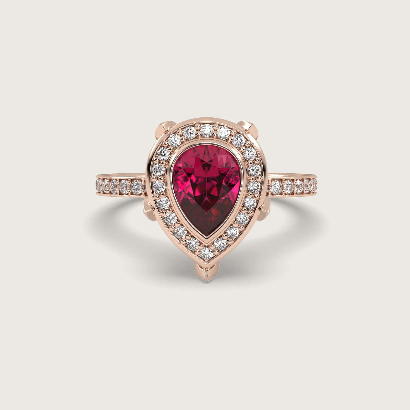 Pear Shape Ruby Halo Engagement Ring with Pavé Set Band in Fleur de Luce Setting