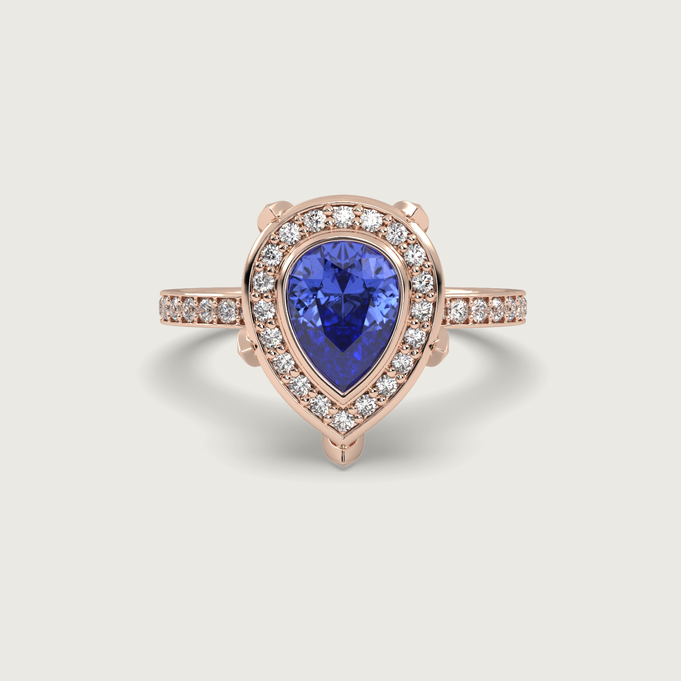 Pear Shape Sapphire Halo Engagement Ring with Pavé Set Band in Fleur de Luce Setting