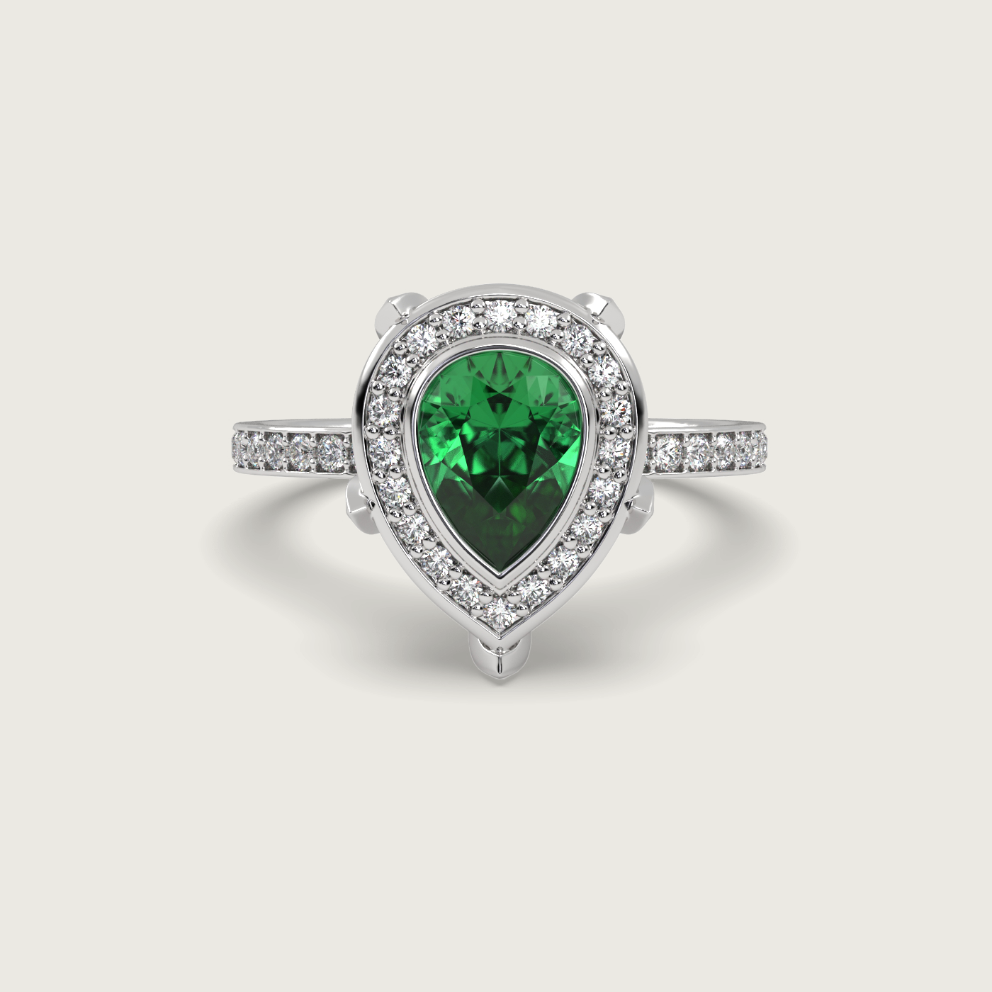 Pear Shape Emerald Halo Engagement Ring with Pavé Set Band in Fleur de Luce Setting