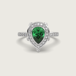 Pear Shape Emerald Halo Engagement Ring with Pavé Set Band in Fleur de Luce Setting