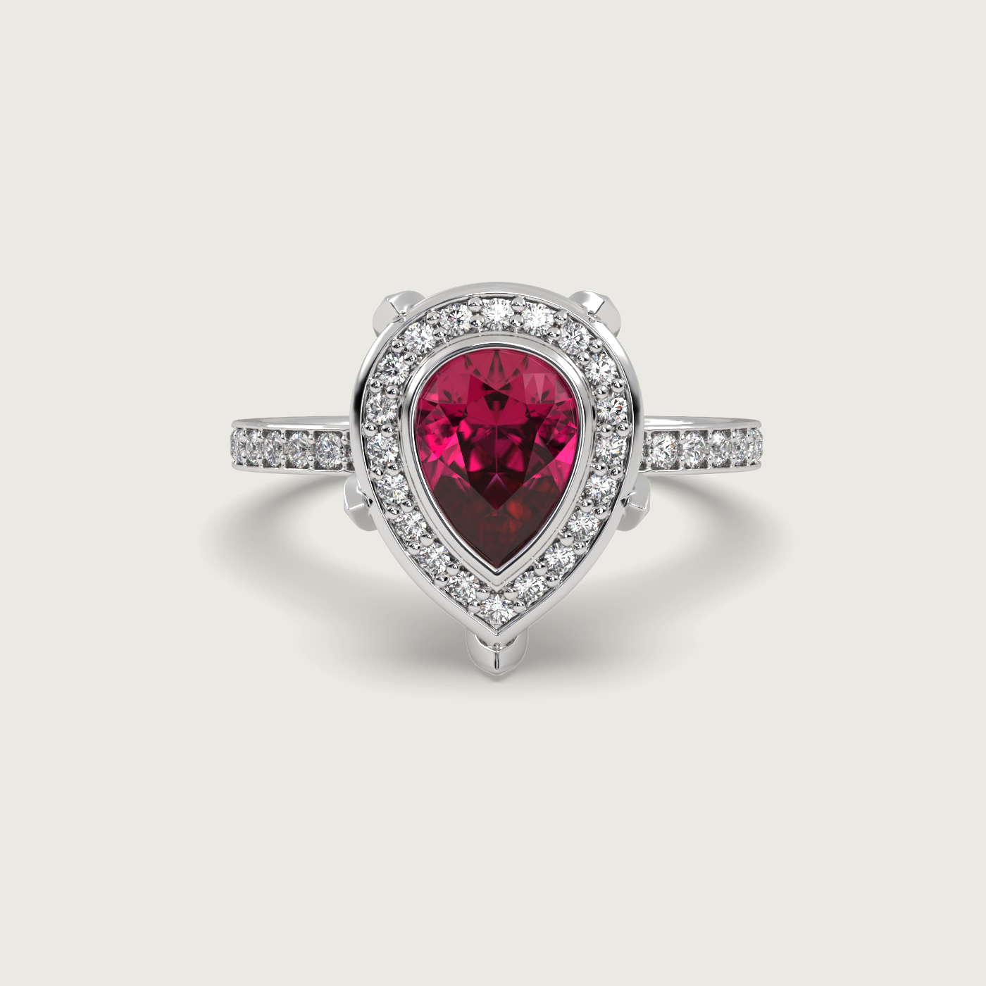 Pear Shape Ruby Halo Engagement Ring with Pavé Set Band in Fleur de Luce Setting