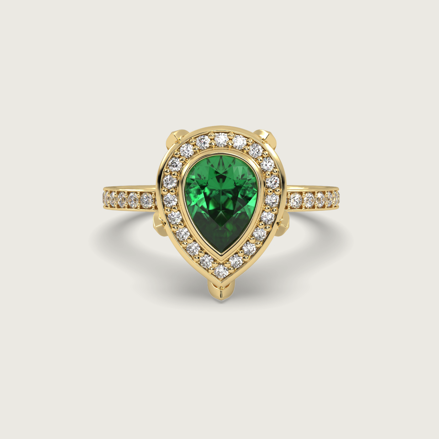 Pear Shape Emerald Halo Engagement Ring with Pavé Set Band in Fleur de Luce Setting