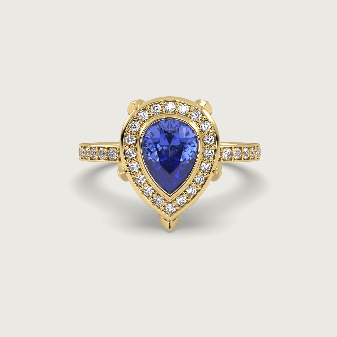 Pear Shape Sapphire Halo Engagement Ring with Pavé Set Band in Fleur de Luce Setting