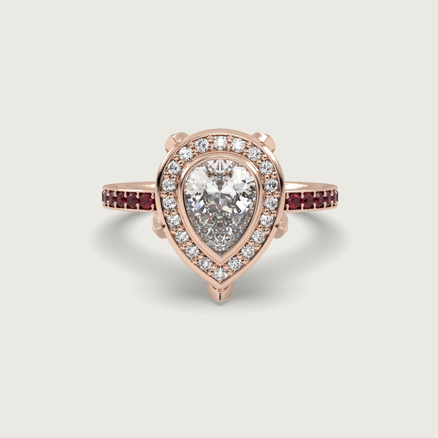 Pear Shape Diamond Halo Engagement Ring with Ruby Set Band in Fleur de Luce Setting