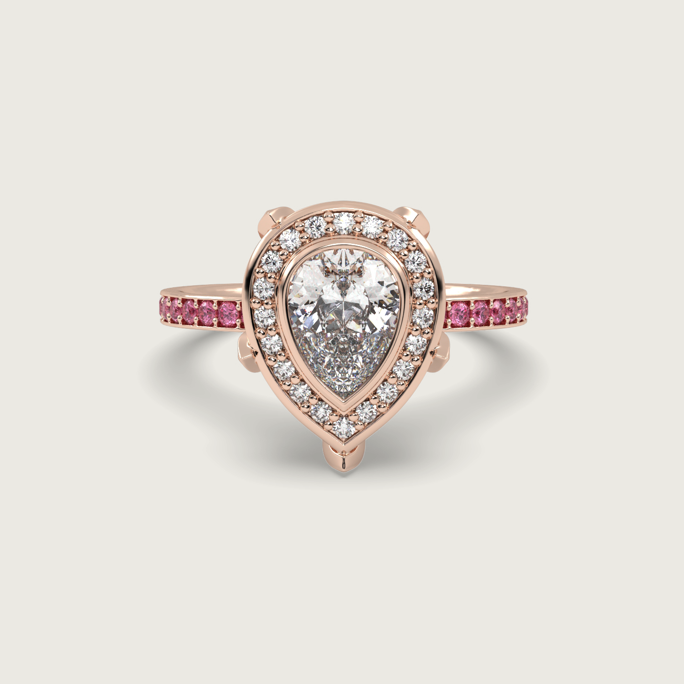 Pear Shape Diamond Halo Engagement Ring with Pink Sapphire Set Band in Fleur de Luce Setting