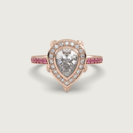 Pear Shape Diamond Halo Engagement Ring with Pink Sapphire Set Band in Fleur de Luce Setting