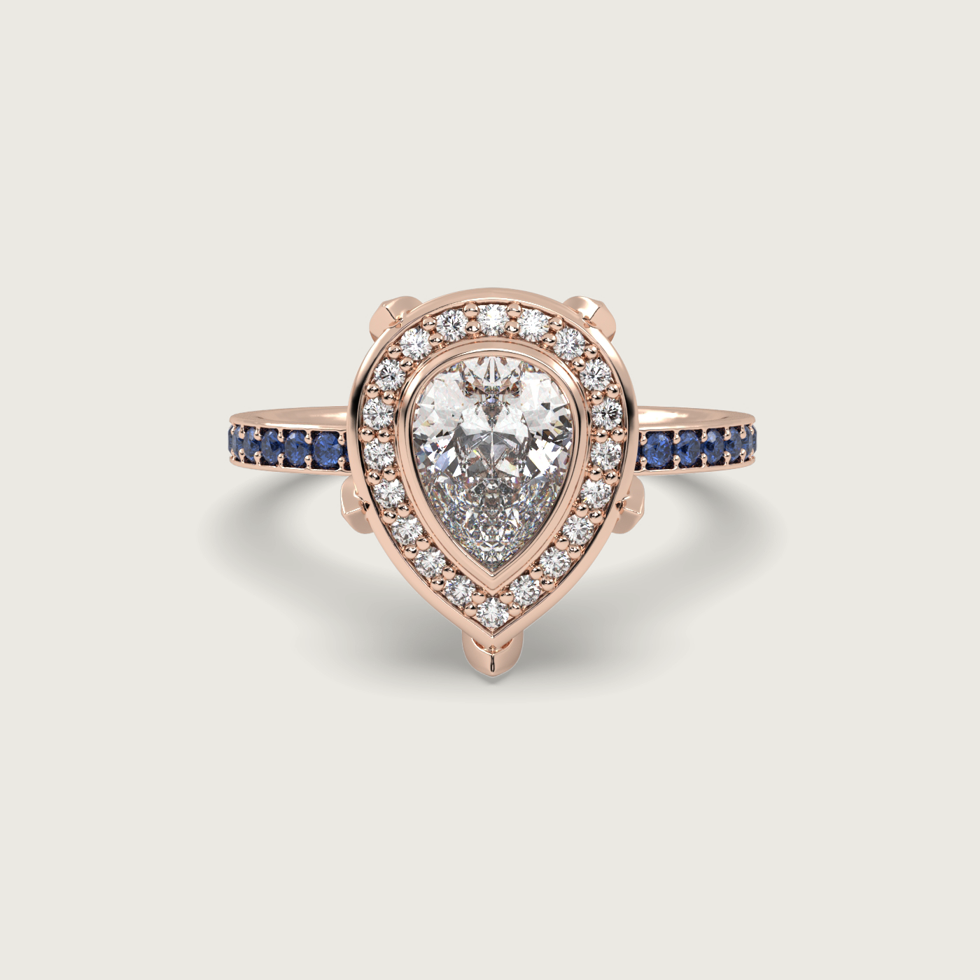 Pear Shape Diamond Halo Engagement Ring with Sapphire Set Band in Fleur de Luce Setting