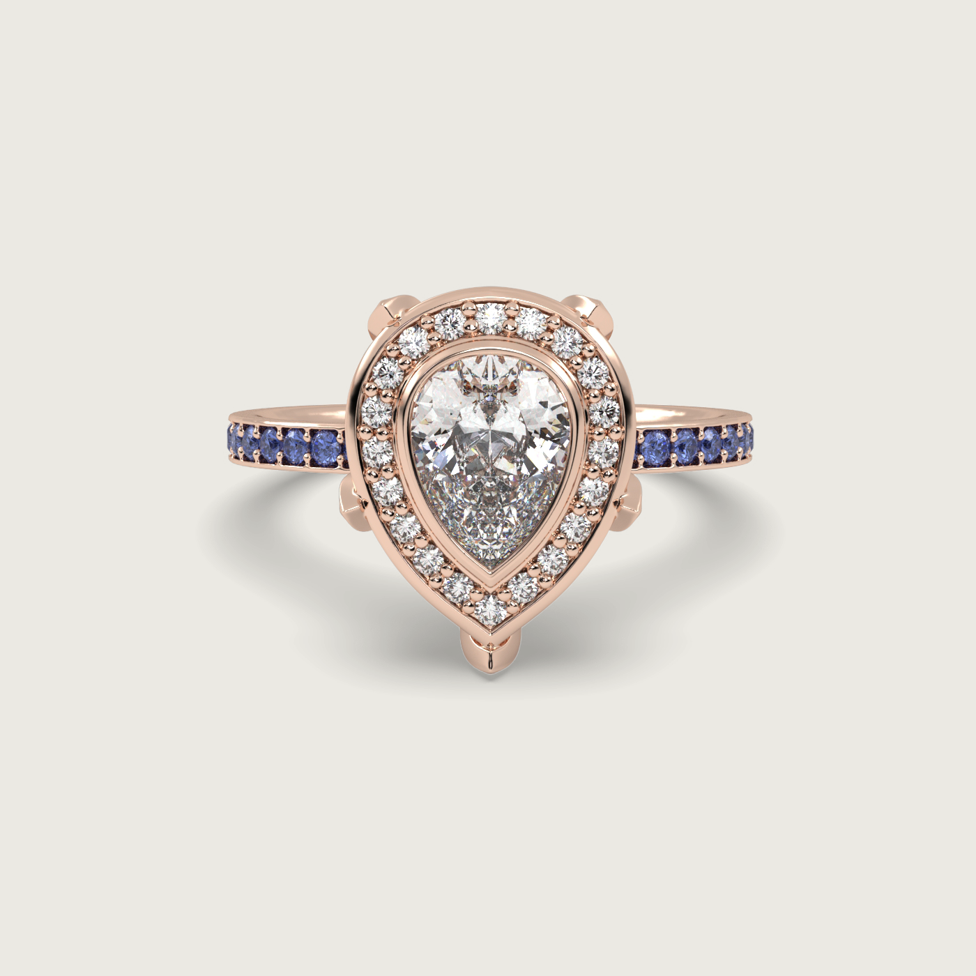 Pear Shape Diamond Halo Engagement Ring with Cornflower Blue Sapphire Set Band in Fleur de Luce Setting