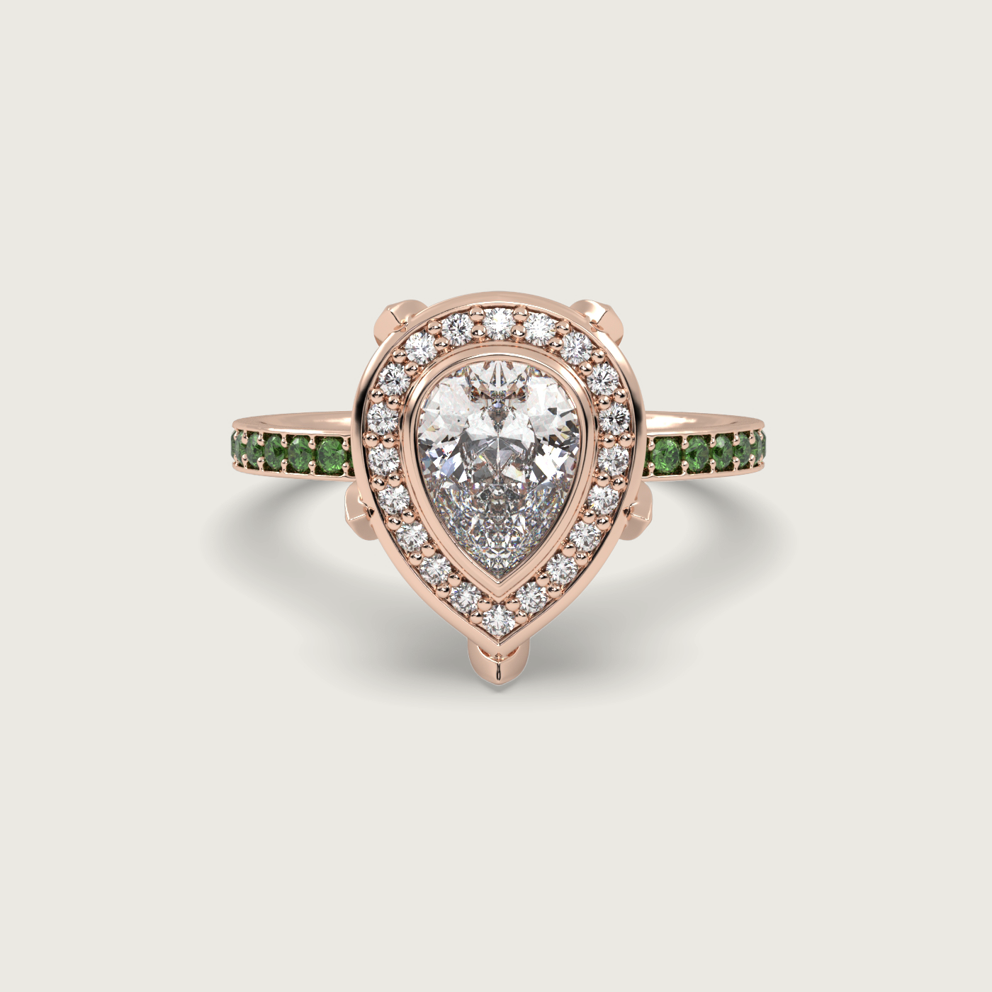 Pear Shape Diamond Halo Engagement Ring with Tsavorite Set Band in Fleur de Luce Setting