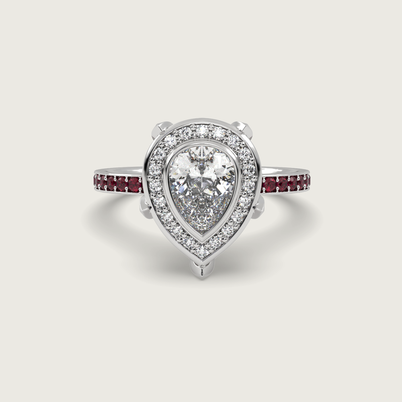 Pear Shape Diamond Halo Engagement Ring with Ruby Set Band in Fleur de Luce Setting