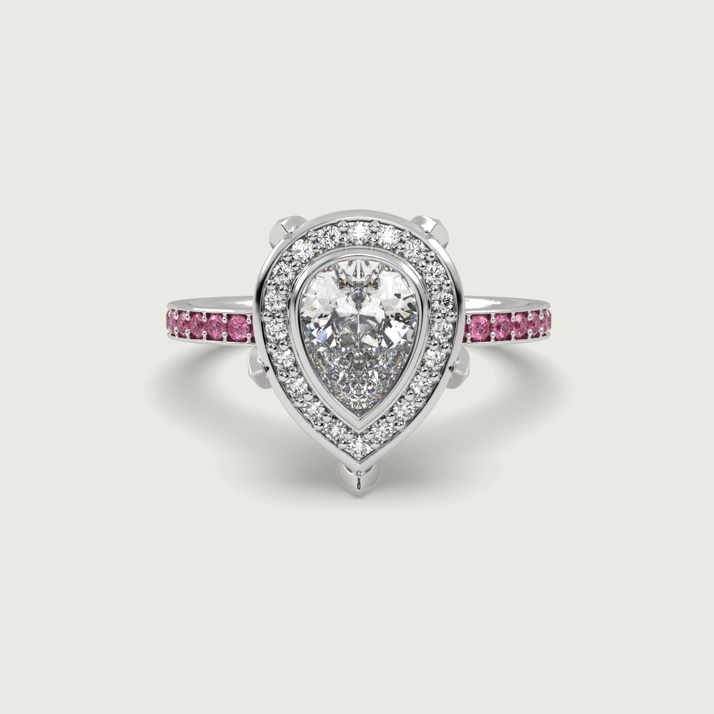 Pear Shape Diamond Halo Engagement Ring with Pink Sapphire Set Band in Fleur de Luce Setting