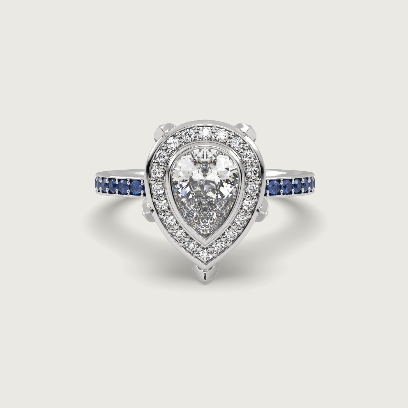 Pear Shape Diamond Halo Engagement Ring with Sapphire Set Band in Fleur de Luce Setting