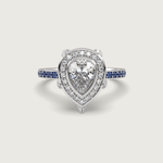 Pear Shape Diamond Halo Engagement Ring with Sapphire Set Band in Fleur de Luce Setting