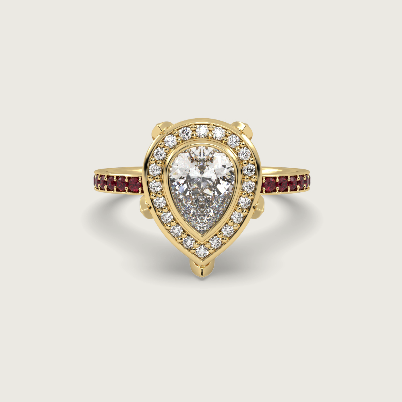 Pear Shape Diamond Halo Engagement Ring with Ruby Set Band in Fleur de Luce Setting