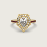 Pear Shape Diamond Halo Engagement Ring with Ruby Set Band in Fleur de Luce Setting