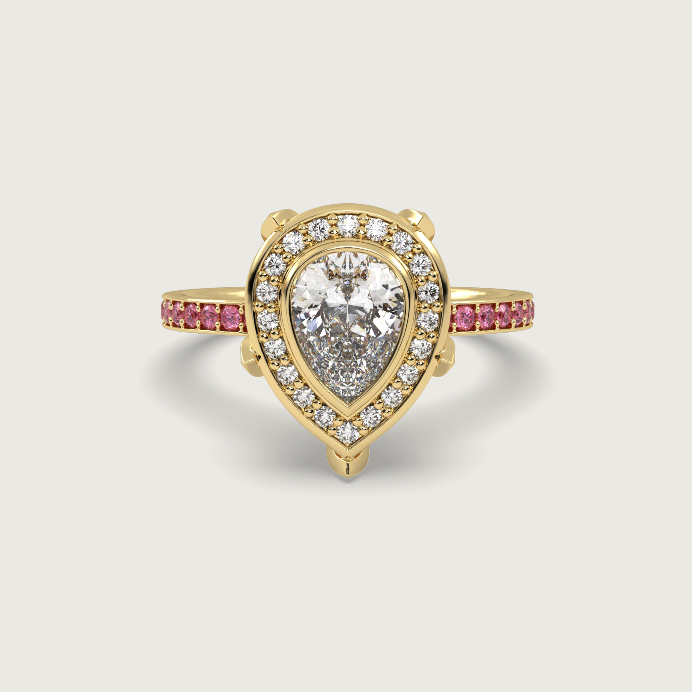 Pear Shape Diamond Halo Engagement Ring with Pink Sapphire Set Band in Fleur de Luce Setting