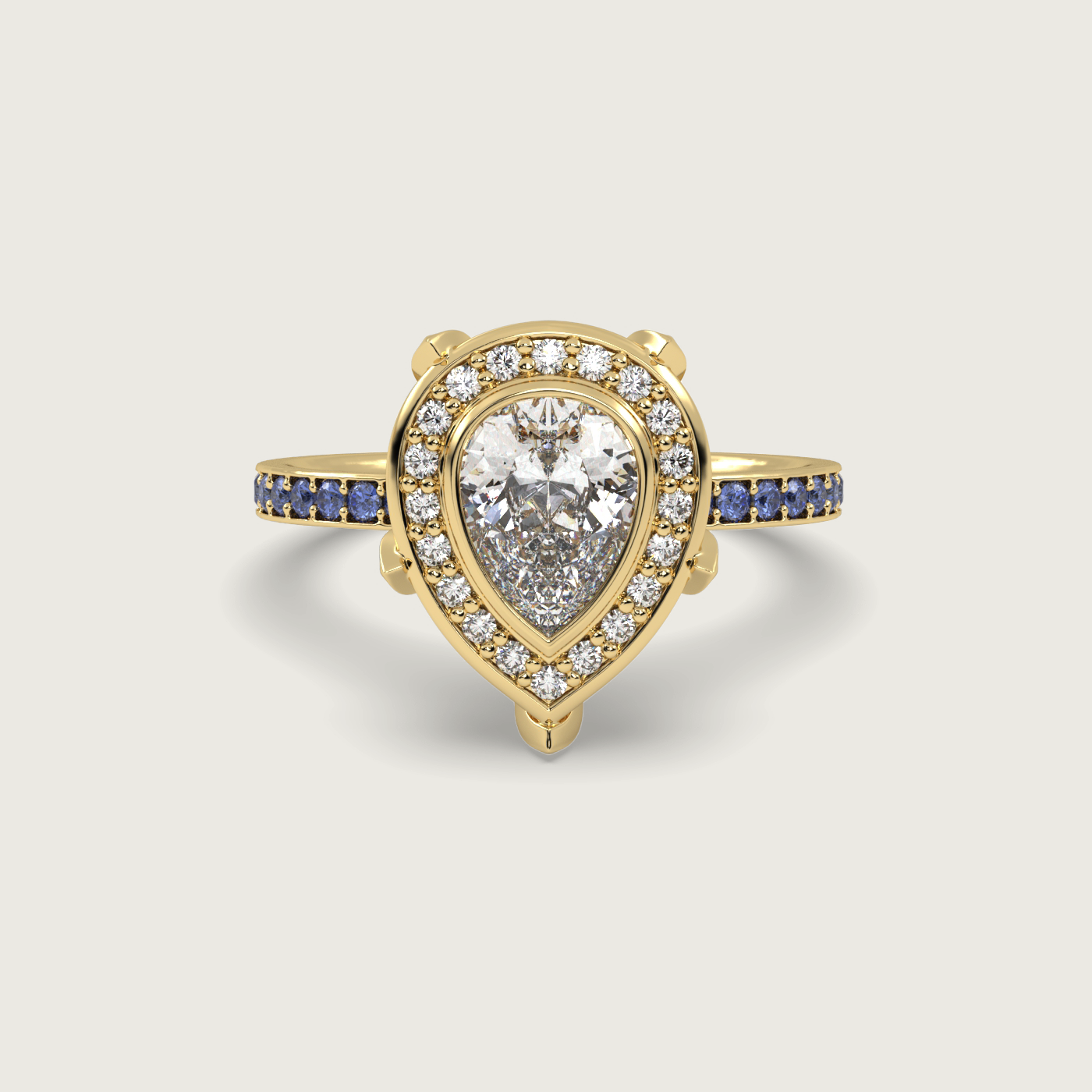 Pear Shape Diamond Halo Engagement Ring with Cornflower Blue Sapphire Set Band in Fleur de Luce Setting