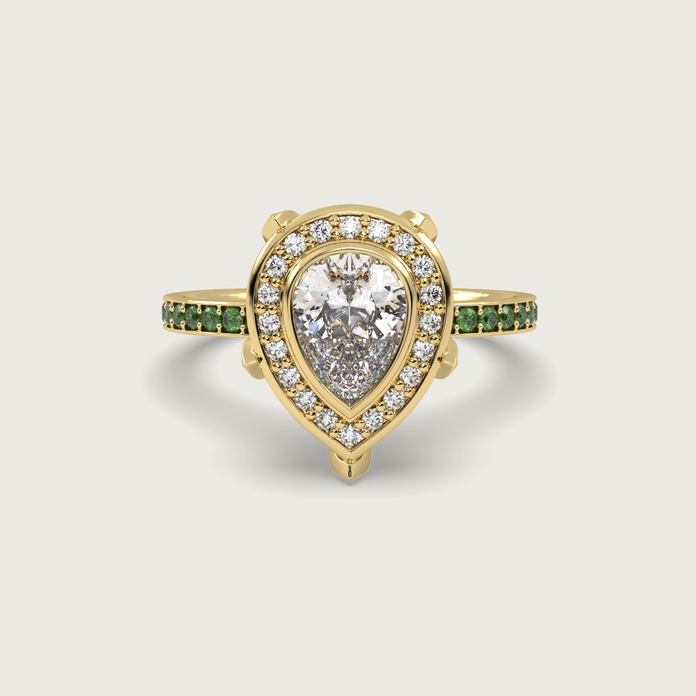 Pear Shape Diamond Halo Engagement Ring with Tsavorite Set Band in Fleur de Luce Setting