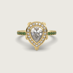 Pear Shape Diamond Halo Engagement Ring with Tsavorite Set Band in Fleur de Luce Setting