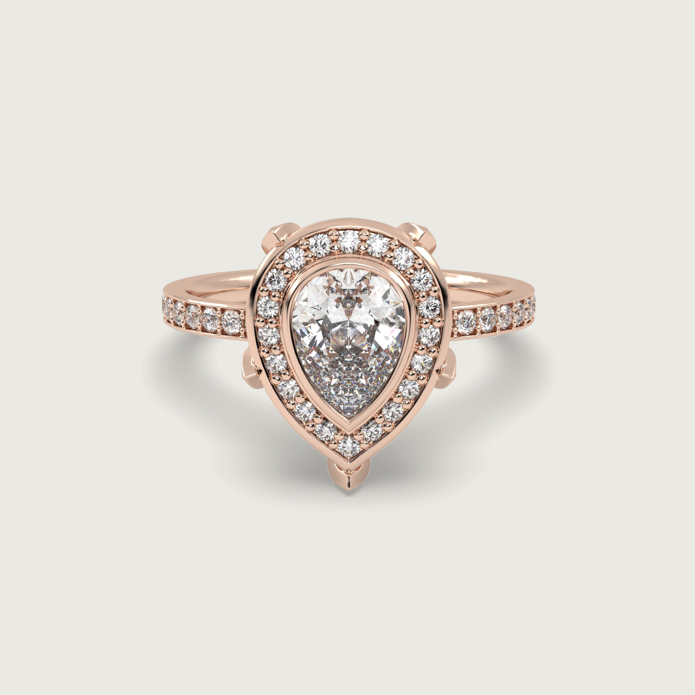 Pear Shape Diamond Halo Engagement Ring with Pavé Set Band in Fleur de Luce Setting