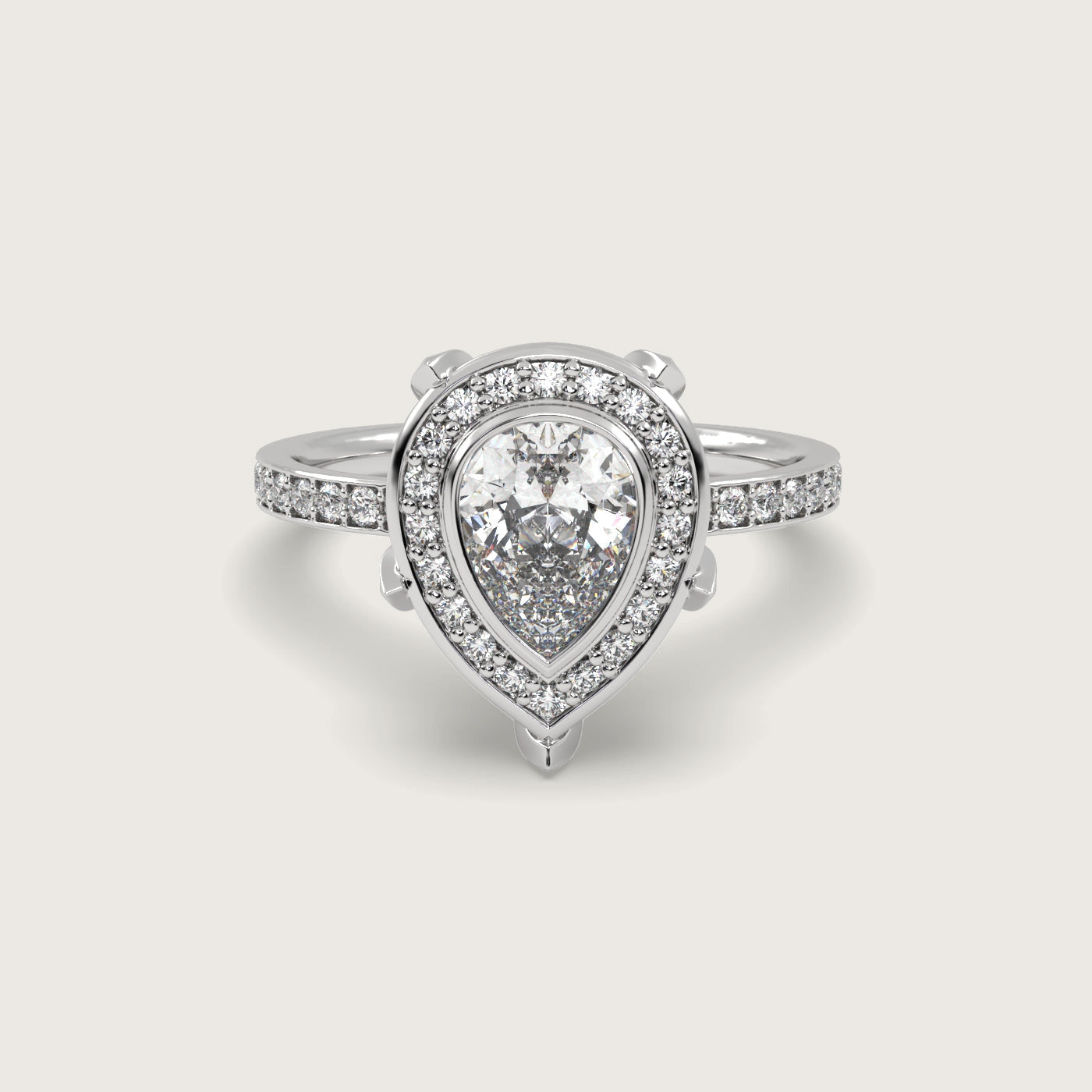 Pear Shape Diamond Halo Engagement Ring with Pavé Set Band in Fleur de Luce Setting