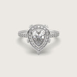 Pear Shape Diamond Halo Engagement Ring with Pavé Set Band in Fleur de Luce Setting