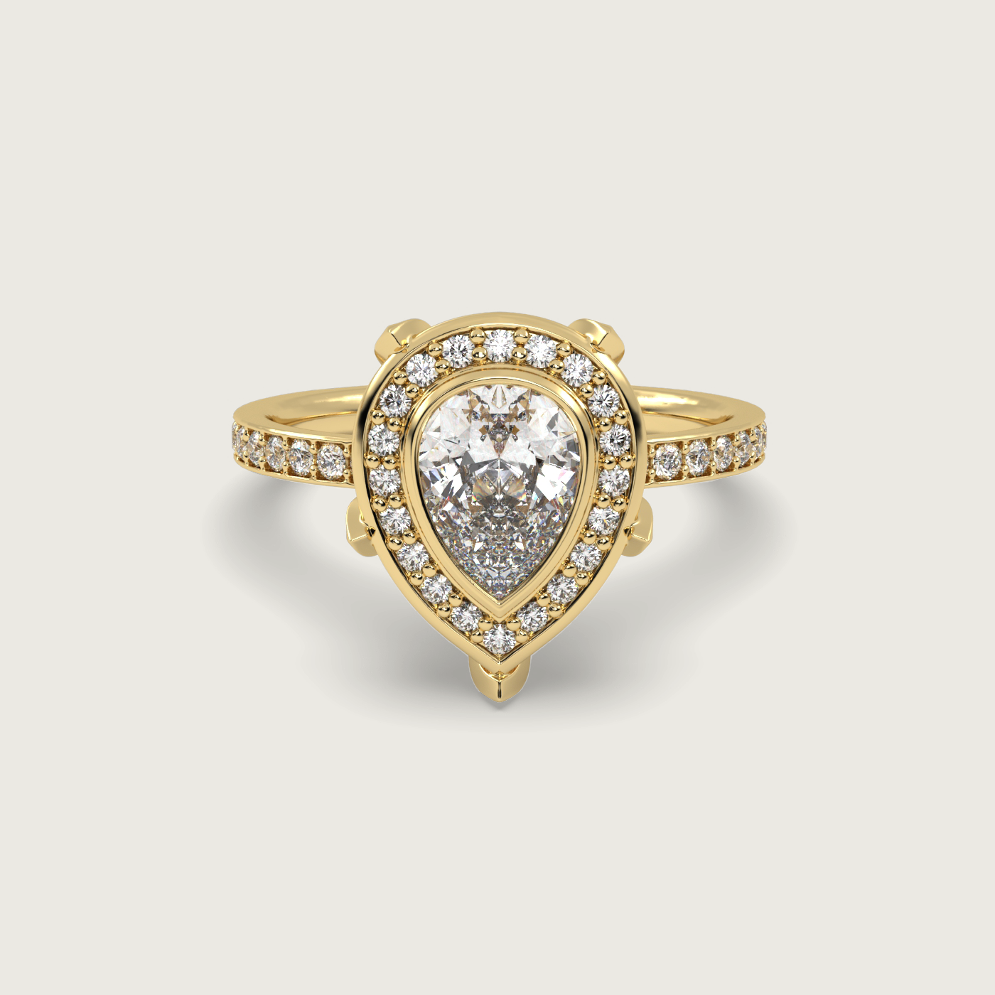 Pear Shape Diamond Halo Engagement Ring with Pavé Set Band in Fleur de Luce Setting