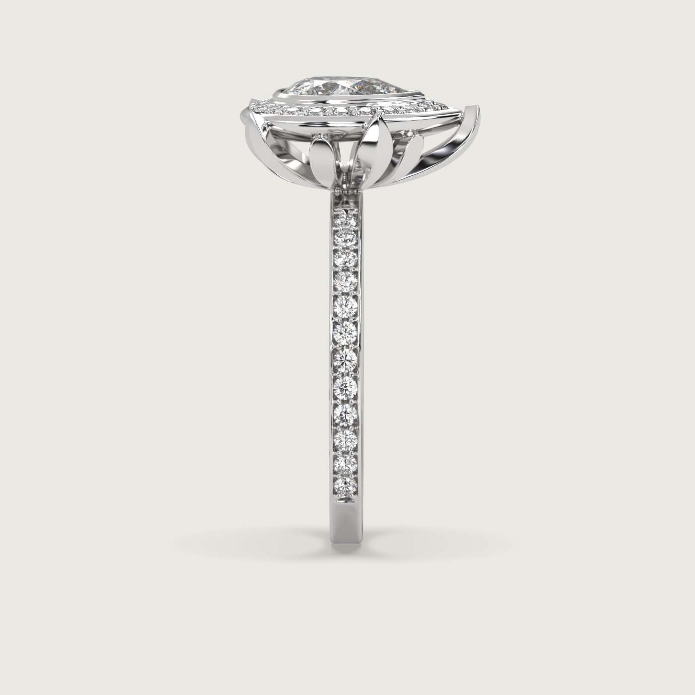 Pear Shape Diamond Halo Engagement Ring with Pavé Set Band in Fleur de Luce Setting