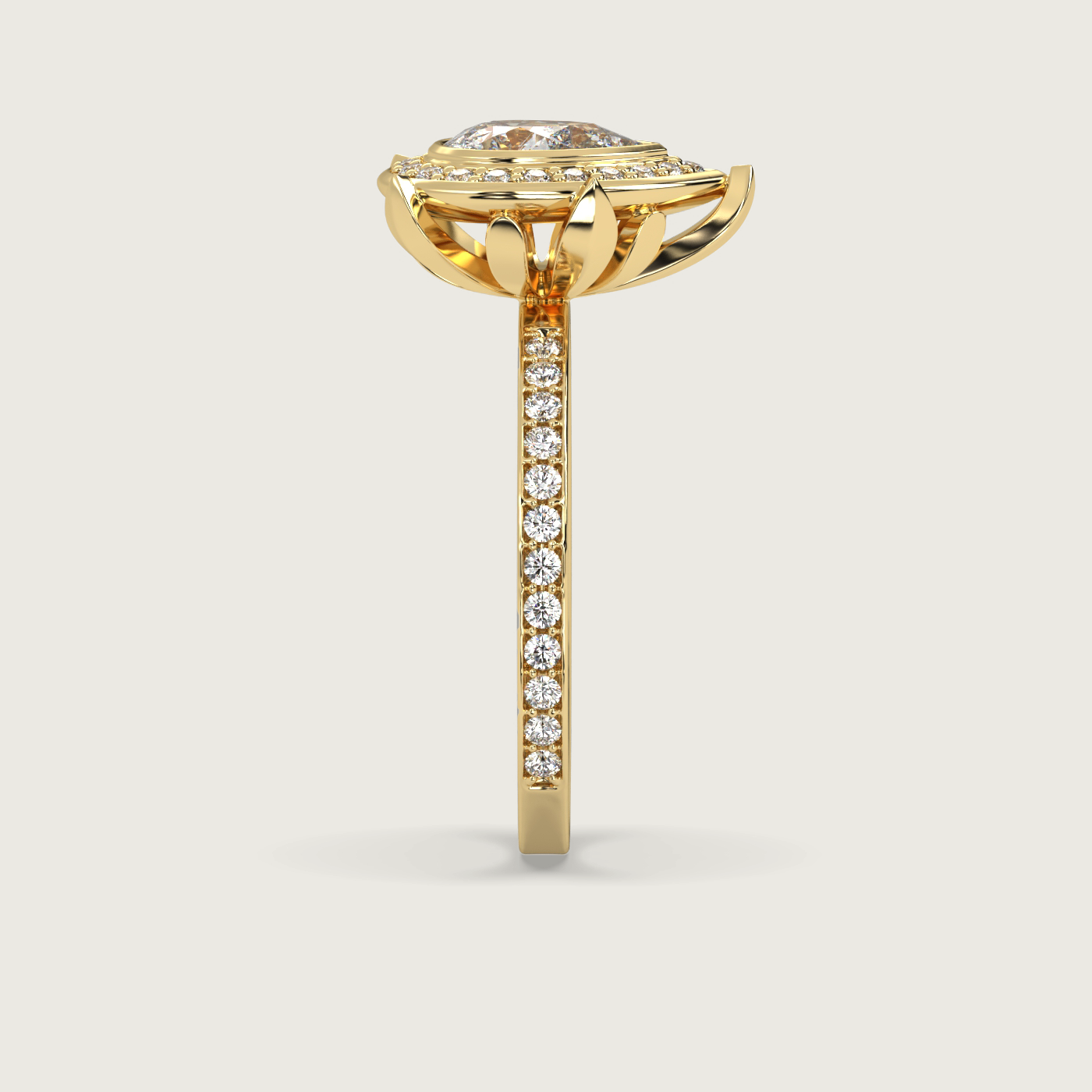 Pear Shape Diamond Halo Engagement Ring with Pavé Set Band in Fleur de Luce Setting
