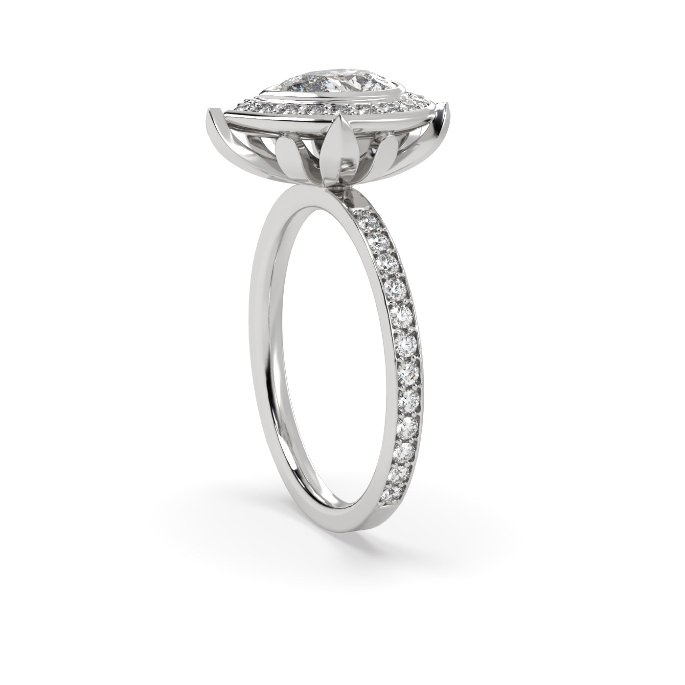 Fleur de Luce Pear Shape Diamond Halo Engagement Ring with Pavé Set Band