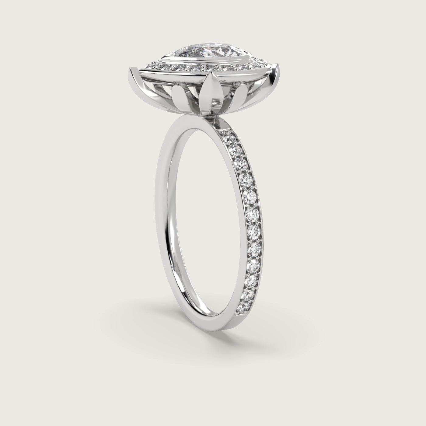 Pear Shape Diamond Halo Engagement Ring with Pavé Set Band in Fleur de Luce Setting